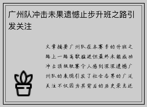 广州队冲击未果遗憾止步升班之路引发关注